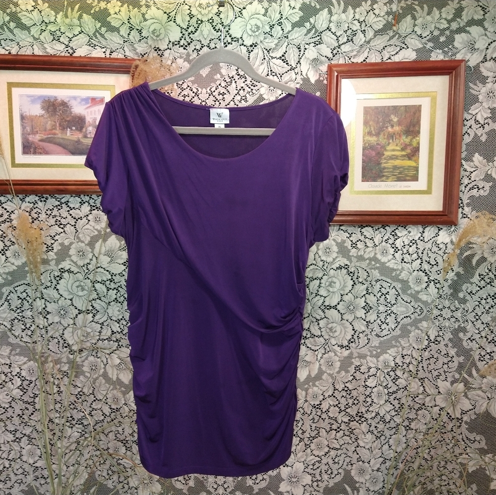 Worthington purple draped style loose fitting short sleeve tunic blouse